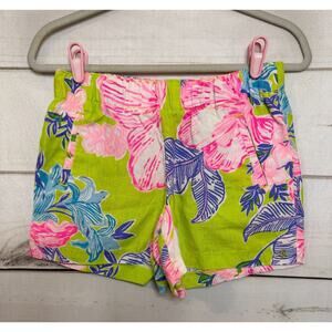 Lilly Pulitzer S Linen Shorts Neon Lime Green Floral Print Stretchy Waist Comfy
